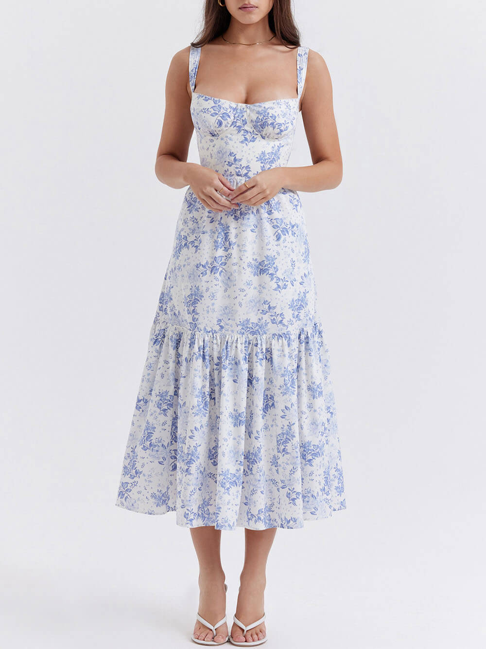 Midikleid mit Blumenmuster, Trägern und A-Saum