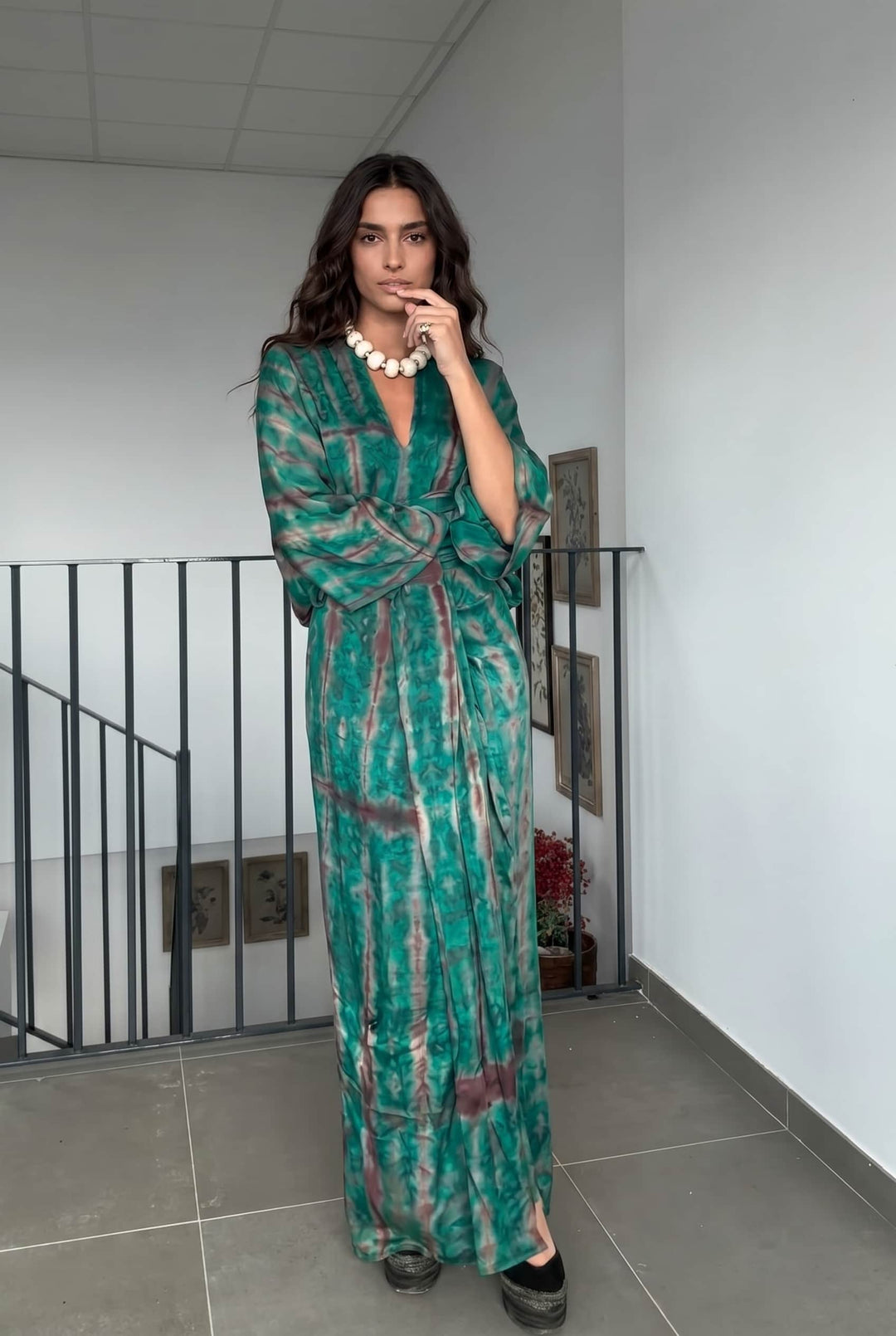 V-Neck Printed Slit Streamer Design Maxi Dress