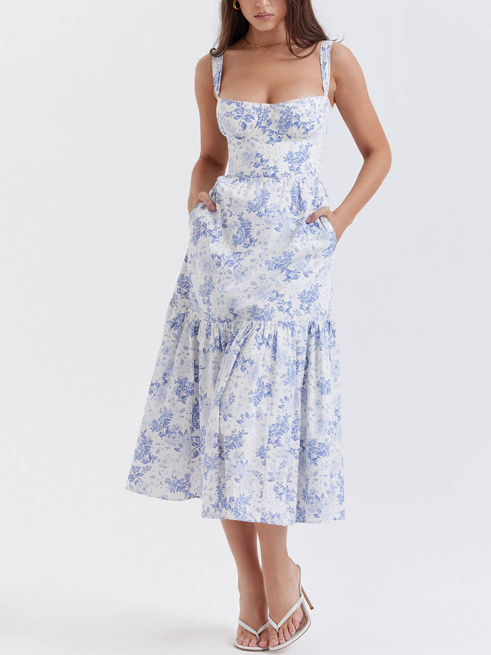 Midikleid mit Blumenmuster, Trägern und A-Saum