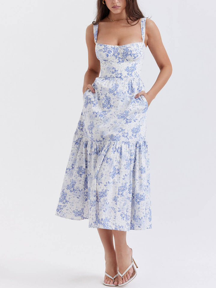 Midikleid mit Blumenmuster, Trägern und A-Saum