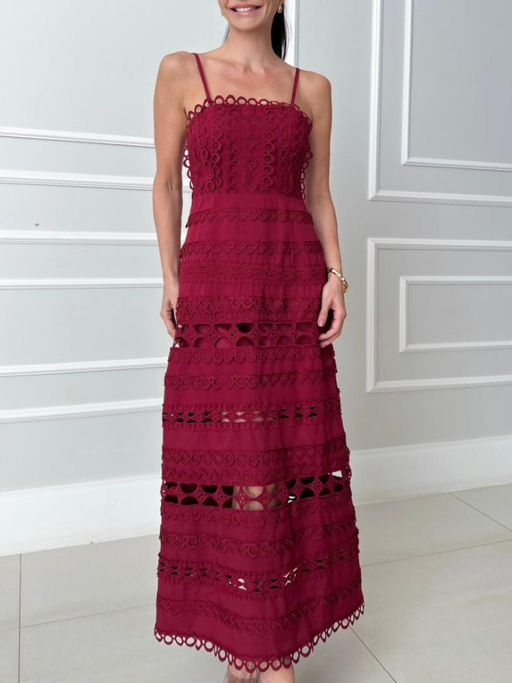 Elegant Lace Hollow-Out Spaghetti Strap Midi Dress