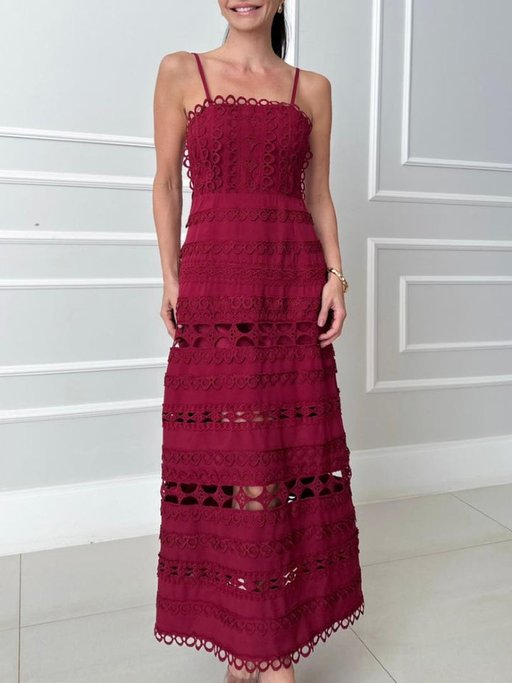 Elegant Lace Hollow-Out Spaghetti Strap Midi Dress