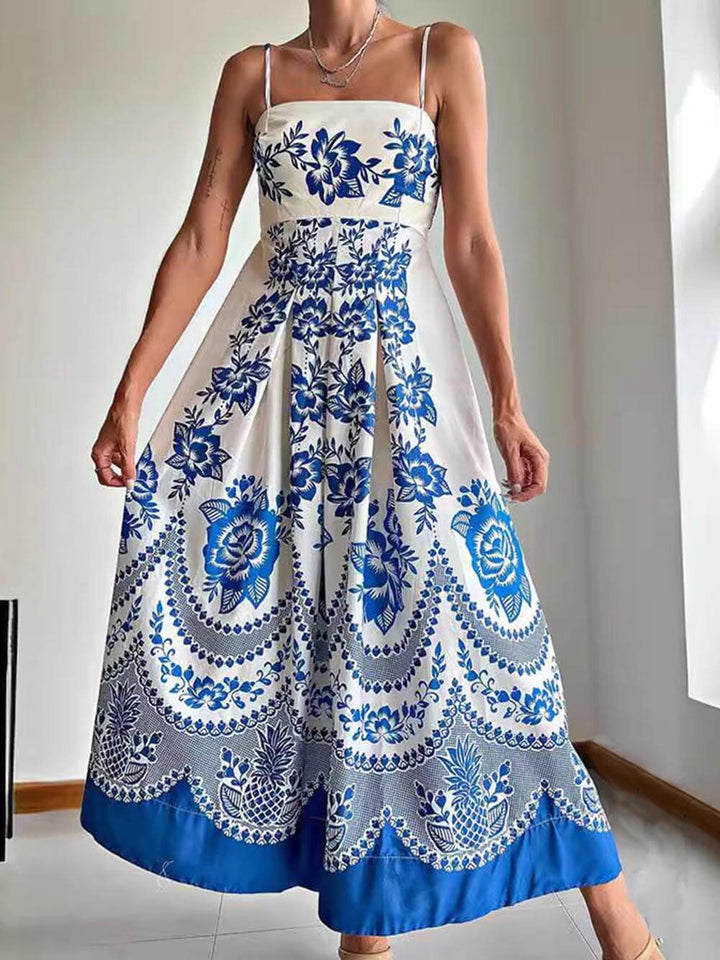 Vestido midi solto com estampa floral étnica nas costas