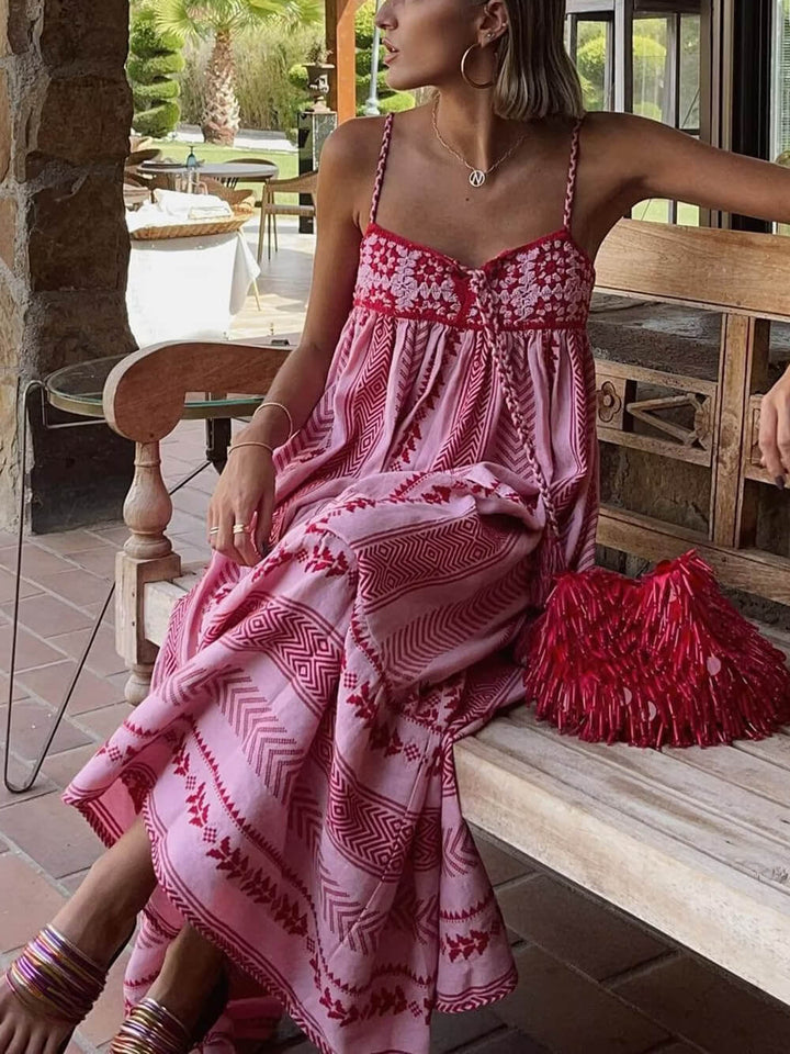 Etnische stijl gehaakte patchwork gebreide maxi-slipjurk