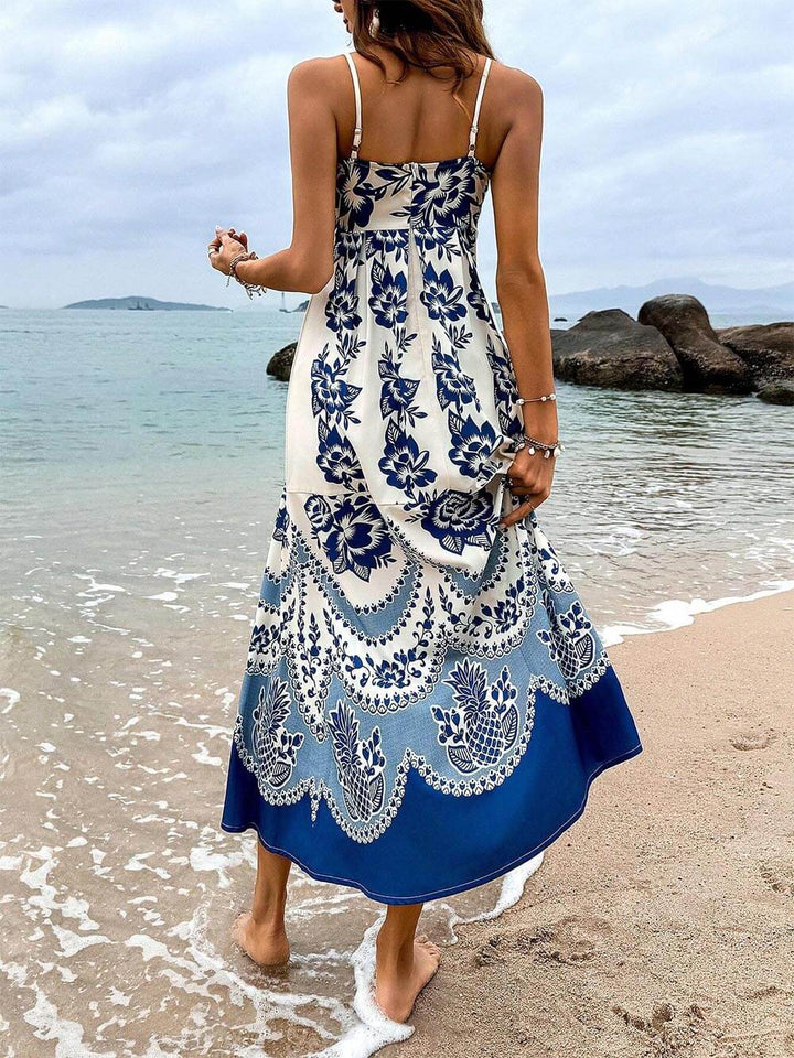 Vestido midi solto com estampa floral étnica nas costas