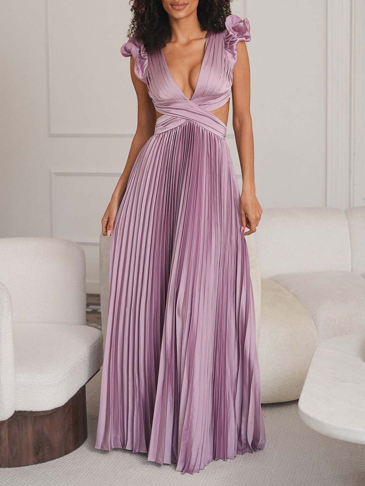 Elegant V-neck Open Back Pleated Ruffle Maxi Dress