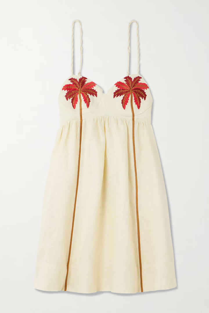 Retro Unique Palm Tree Print Linen Mini Dress