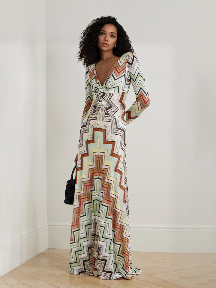 Bohemian Wave Print Crochet Maxi Dress