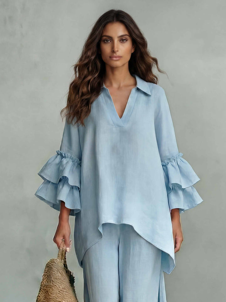 Casual Ruffle Sleeve V-Neck Top & High Waist Wide Leg Pants Set
