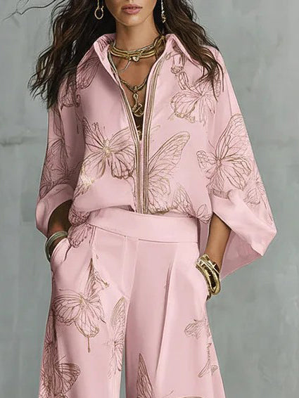 Elegant Butterfly Print Zip-Up Top & Wide Leg Pants Set