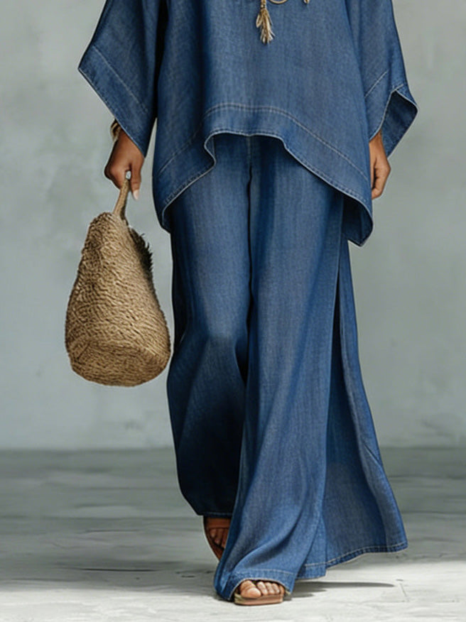 Casual Denim Batwing Asymmetrical Top & Wide Leg Pants Set