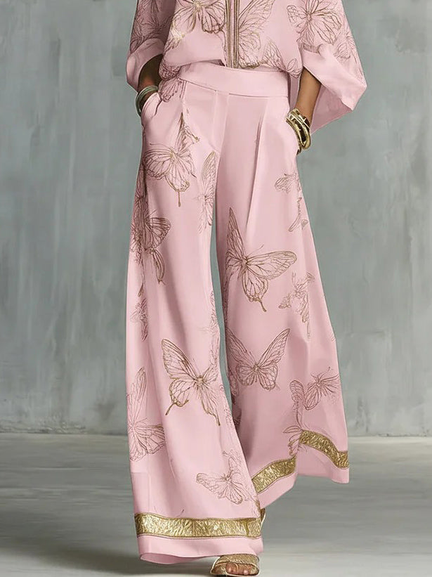 Elegant Butterfly Print Zip Shirt