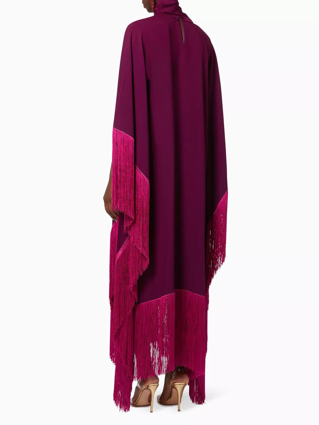 Elegant High-Neck Fringe Trim Asymmetrical Maxi Dress