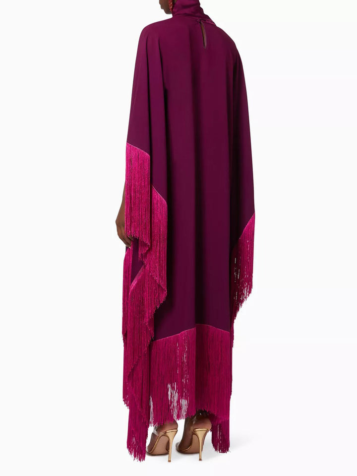 Elegant High-Neck Fringe Trim Asymmetrical Maxi Dress