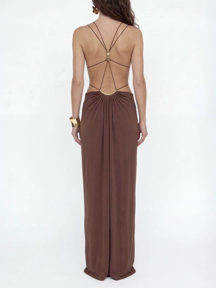 Sexy Metal Chain Cut-Out Backless Lace-Up Draped Maxi Dress