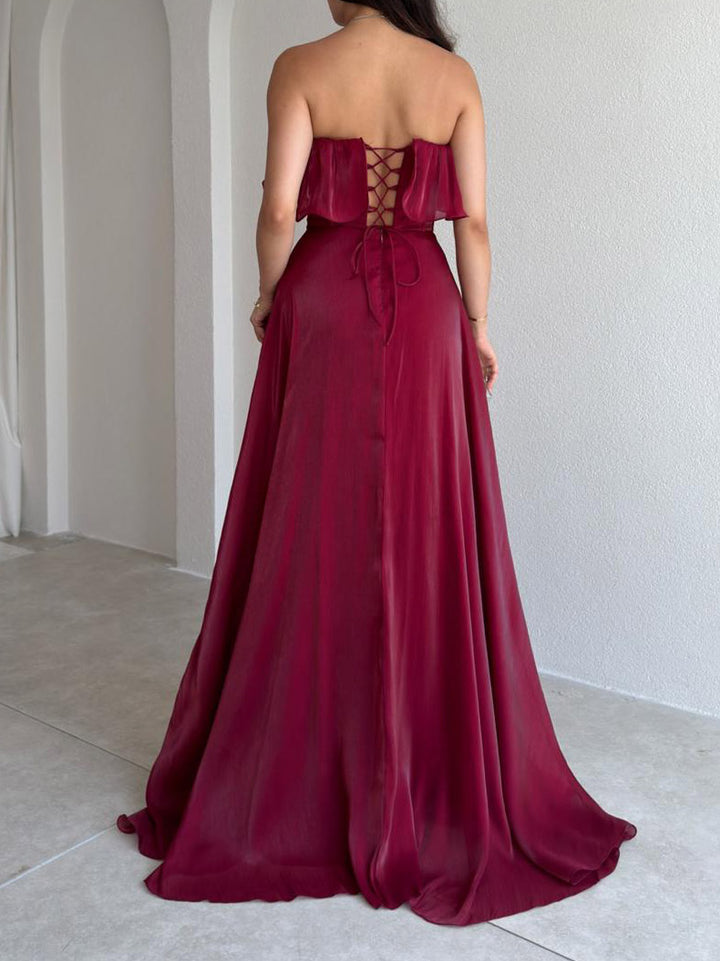 Elegant Strapless Ruffle High Slit Corset Maxi Dress