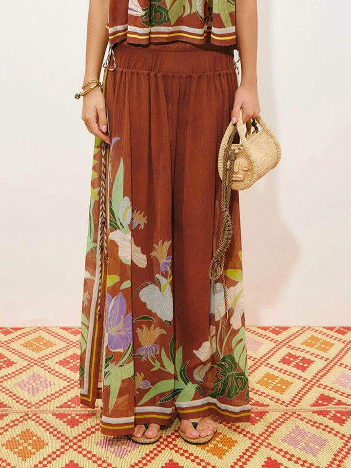 Delicate Ruffle Printed Drawstring Slit Wide-Leg Pants
