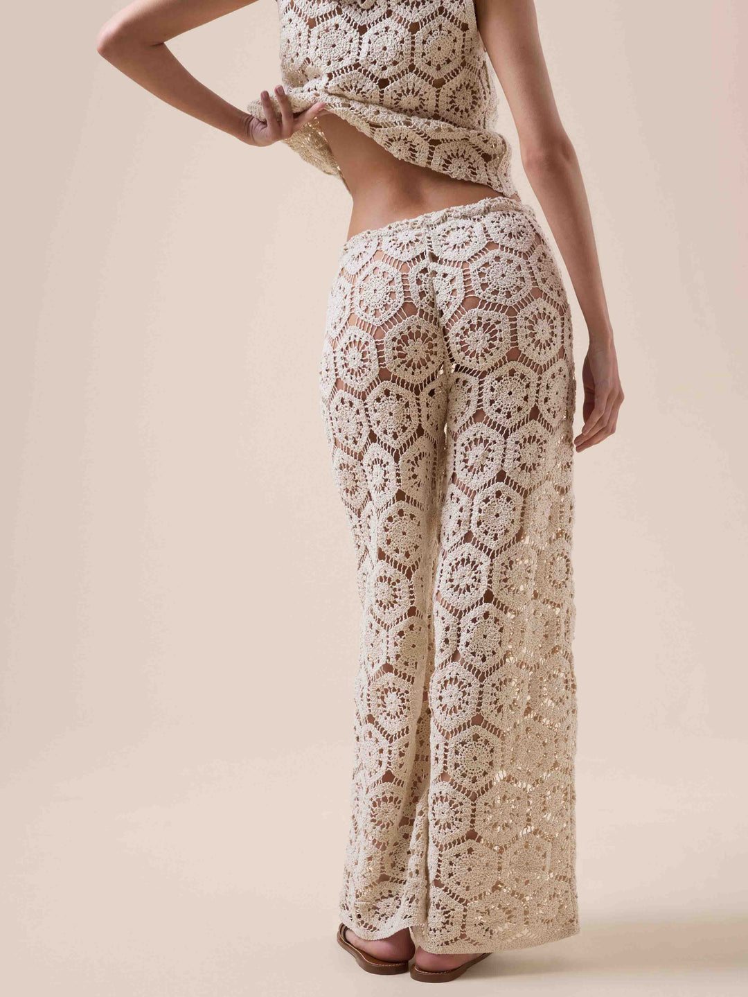 Bohemian Crochet Cutout Top & Wide-Leg Pants Two-Piece Set
