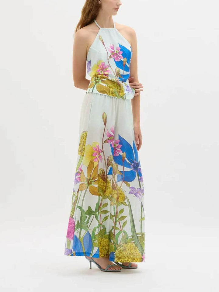 Unique Garden Print Elastic Waist Wide-Leg Pants
