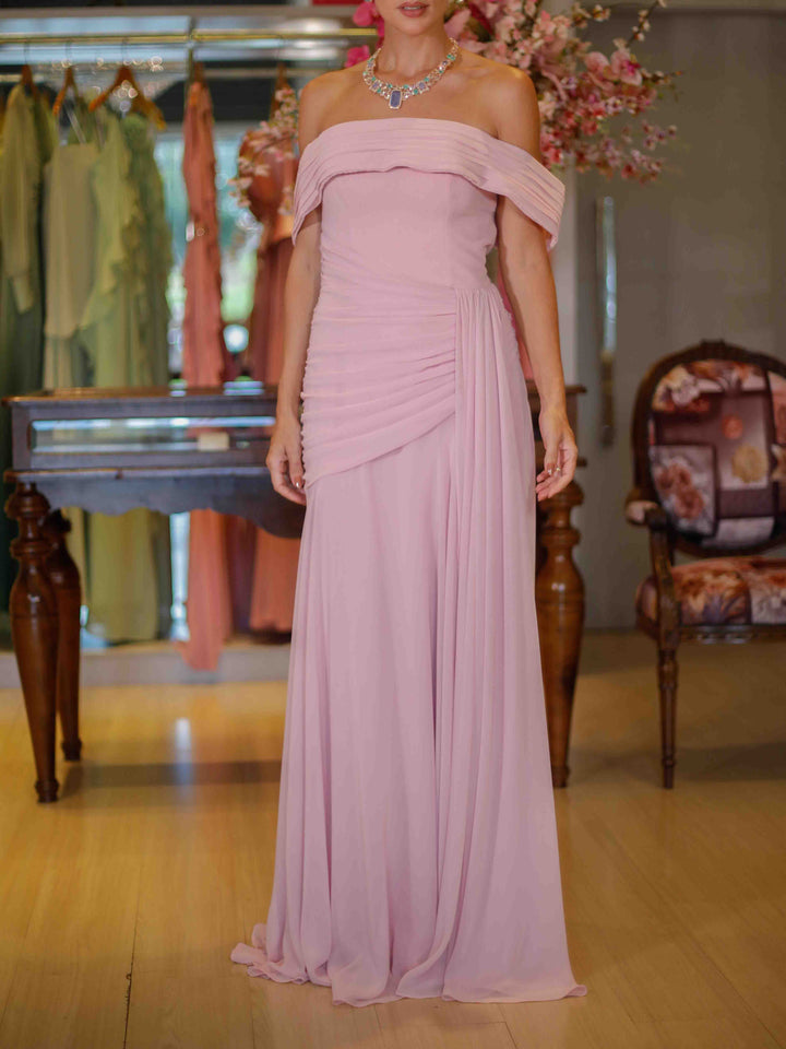 Elegant Off Shoulder Ruched Chiffon Maxi Dress