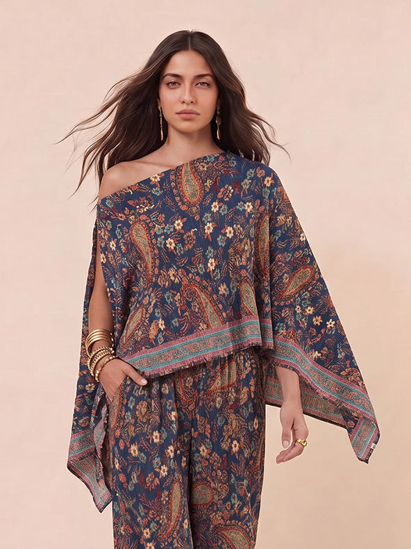 Bohemian Paisley Off Shoulder Cape Sleeve Top