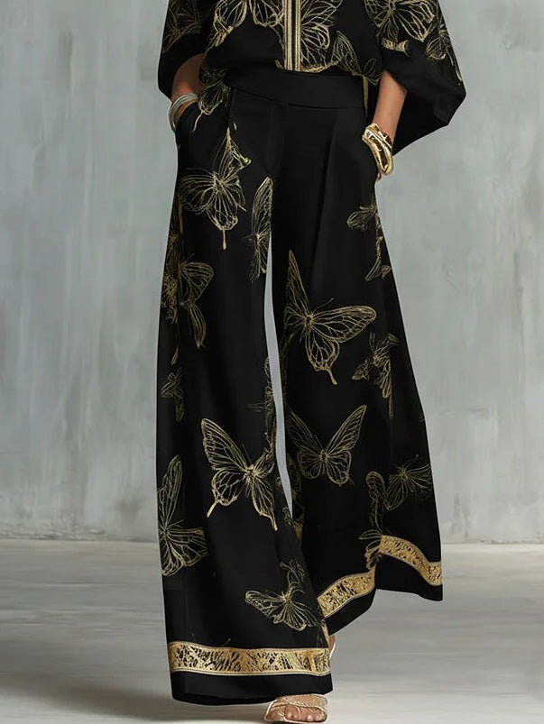 Elegant Butterfly Print Zip Shirt