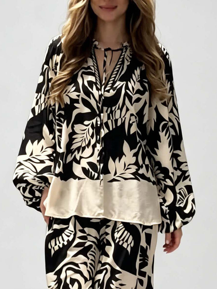 Bohemian Leaf Print V-Neck Satin Shirt & Wide-Leg Pants Set