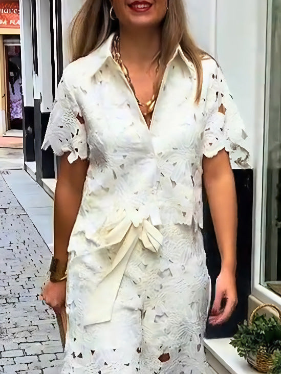 Casual Cutout Lace Short Sleeve Shirt