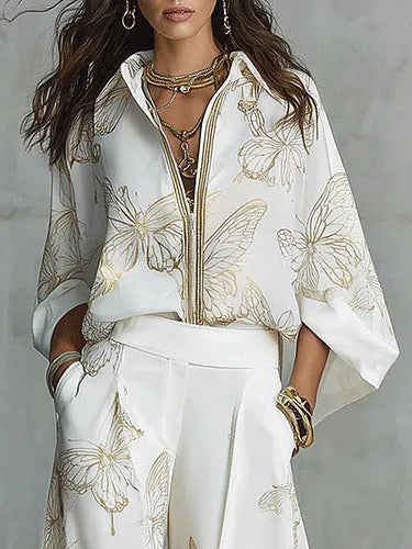 Elegant Butterfly Print Wide-Leg Pants