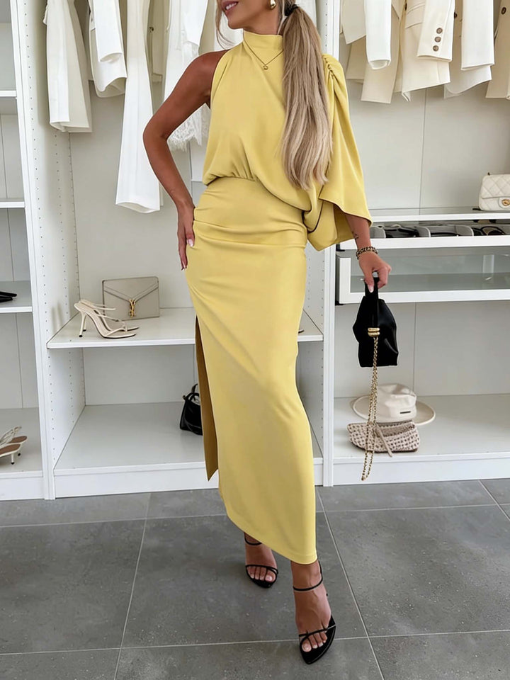 Elegant Satin One-Shoulder Ruched Slit Maxi Dress