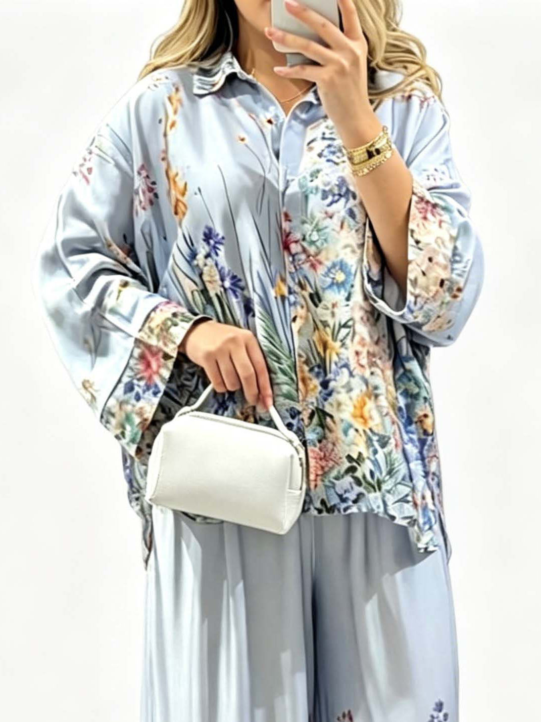Elegant Floral Print Satin Wide Leg Pants