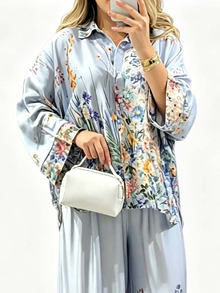 Elegant Floral Print Satin Wide Leg Pants