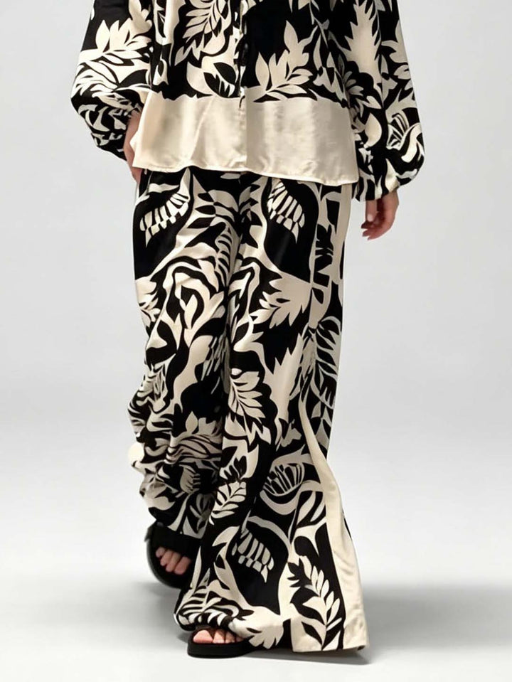 Bohemian Leaf Print V-Neck Satin Shirt & Wide-Leg Pants Set