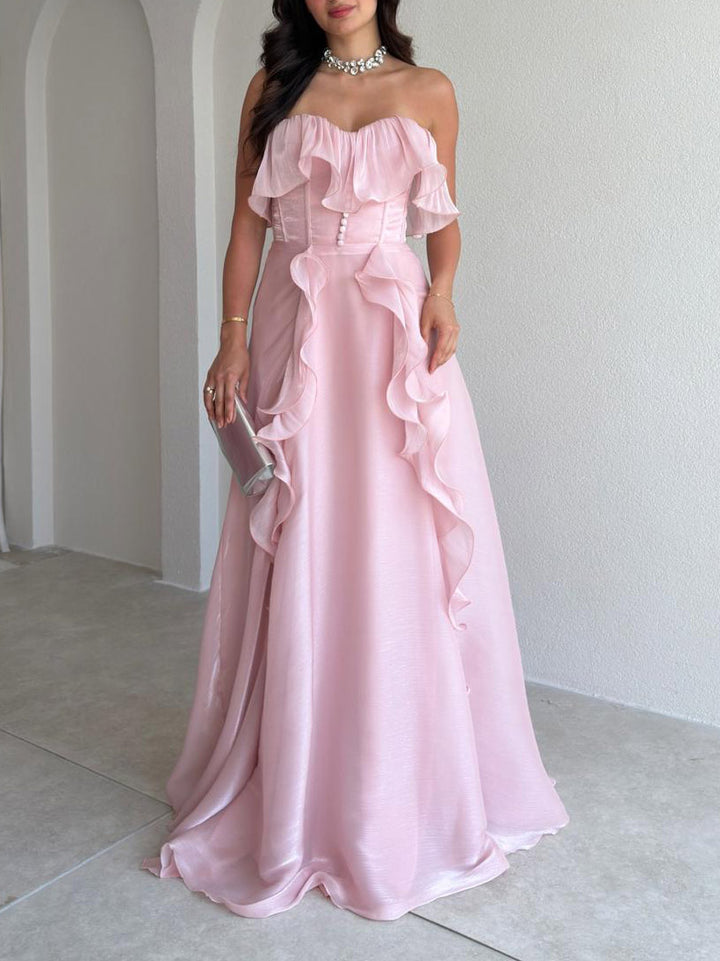 Elegant Strapless Ruffle High Slit Corset Maxi Dress