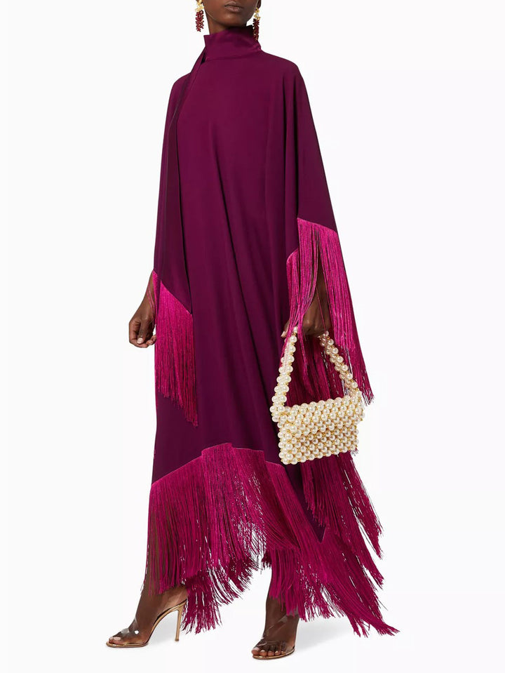 Elegant High-Neck Fringe Trim Asymmetrical Maxi Dress