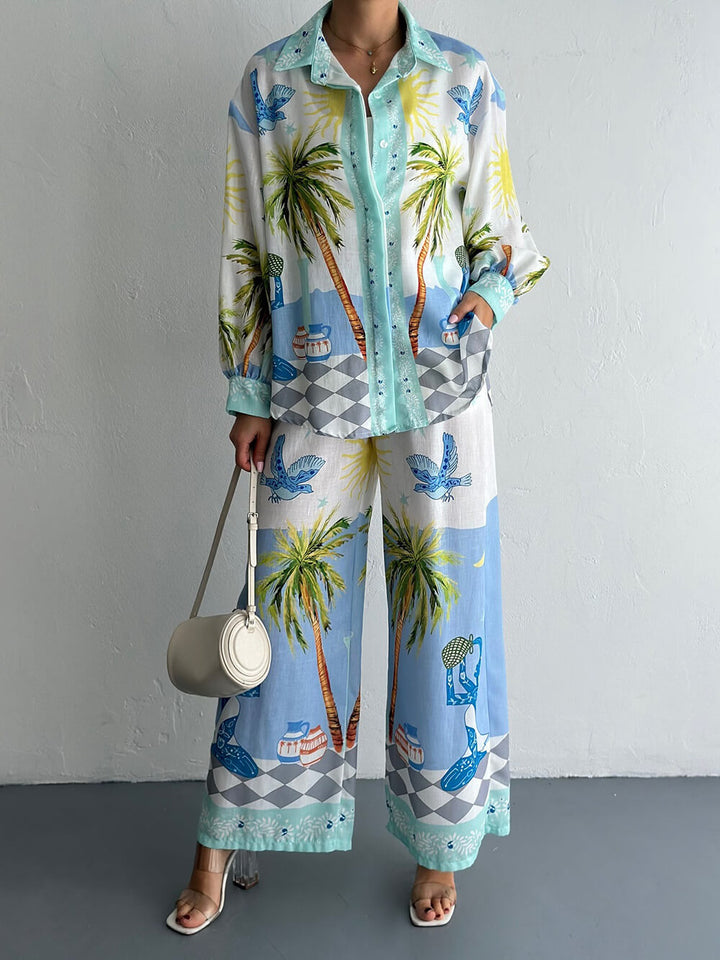 Unique Coastal Palm Tree Print Wide-Leg Pants