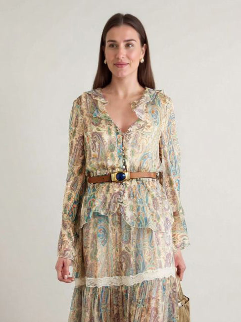 Exquisite Paisley Print Shirt And Skirt Two-piece Set