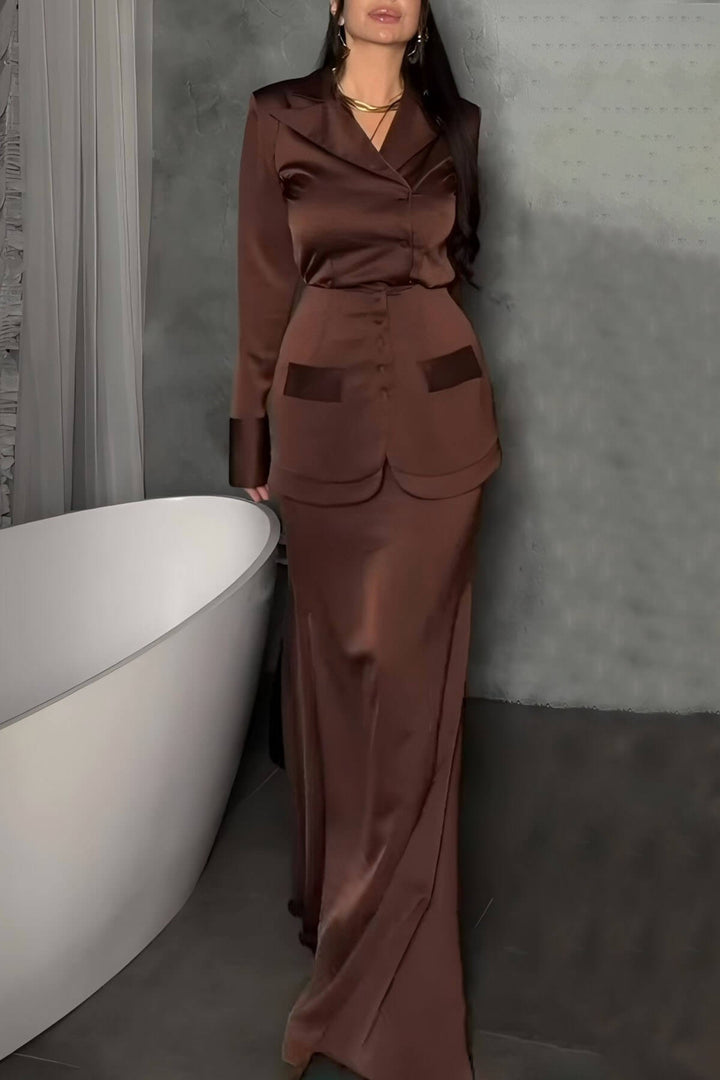 Elegant Satin Button-Embellished Lapel Shirt