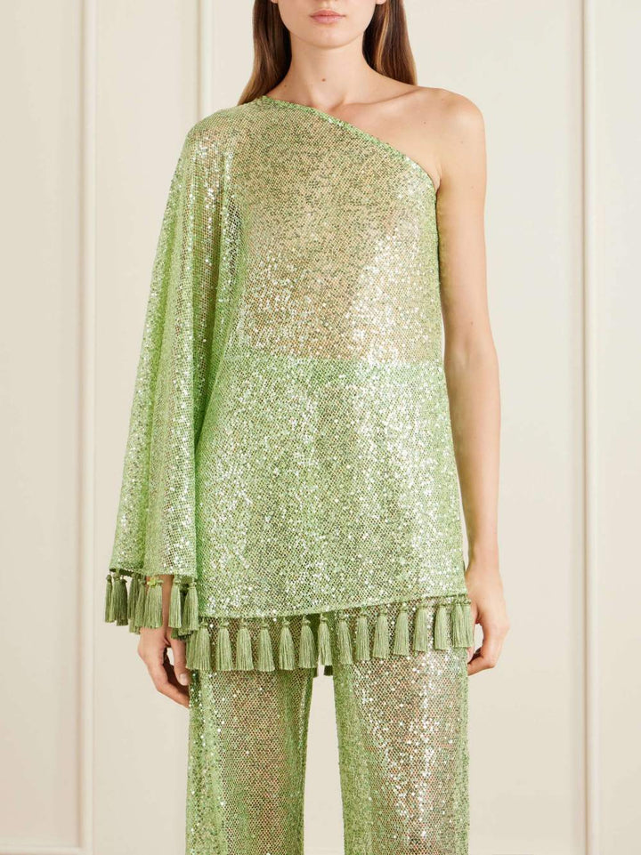 Elegant One-Shoulder Sequin Tassel Top & Flared Pants Two-Piece Set