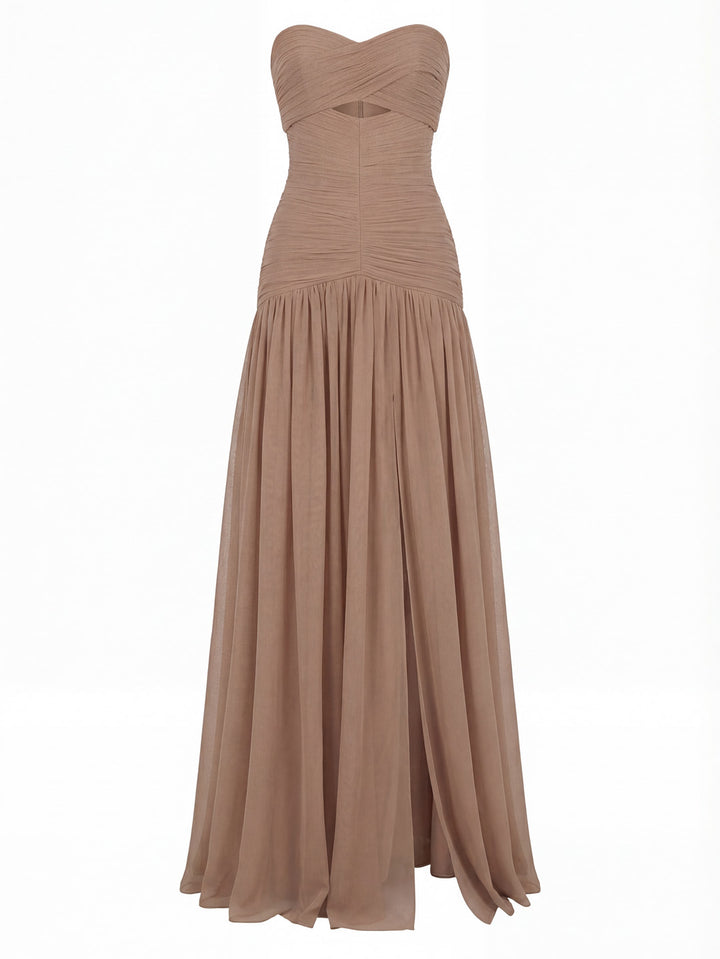 Elegant Strapless Ruched Mesh Maxi Dress