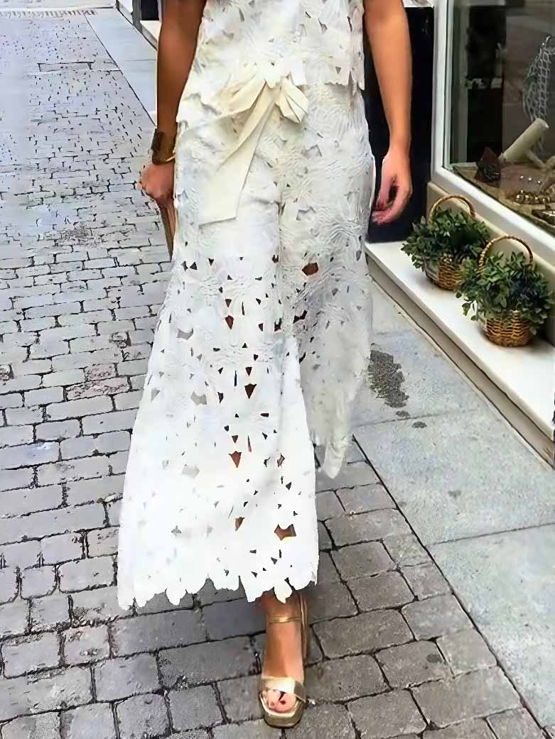 Casual Cutout Lace Shirt & Wide-Leg Pants Two-Piece Set