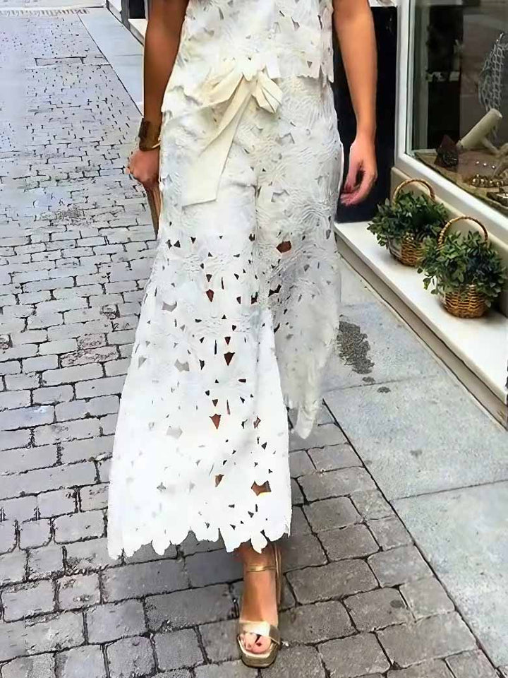 Casual Cutout Lace Shirt & Wide-Leg Pants Two-Piece Set