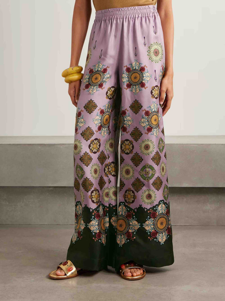 Retro Fine Satin Floral Print Wide-Leg Pants