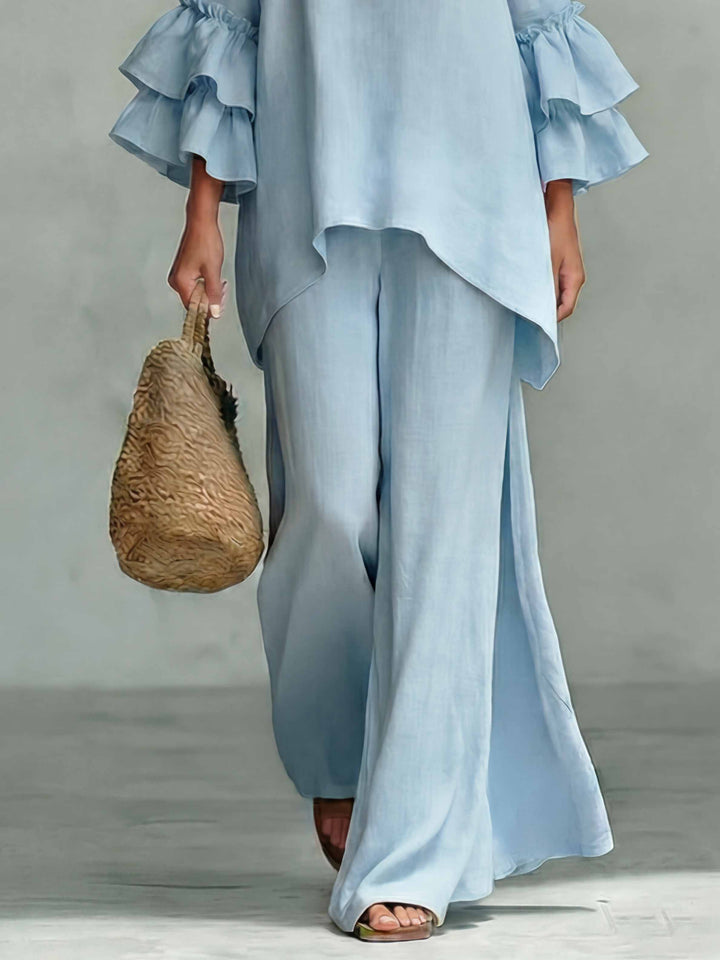 Casual Ruffle Sleeve V-Neck Top & High Waist Wide Leg Pants Set
