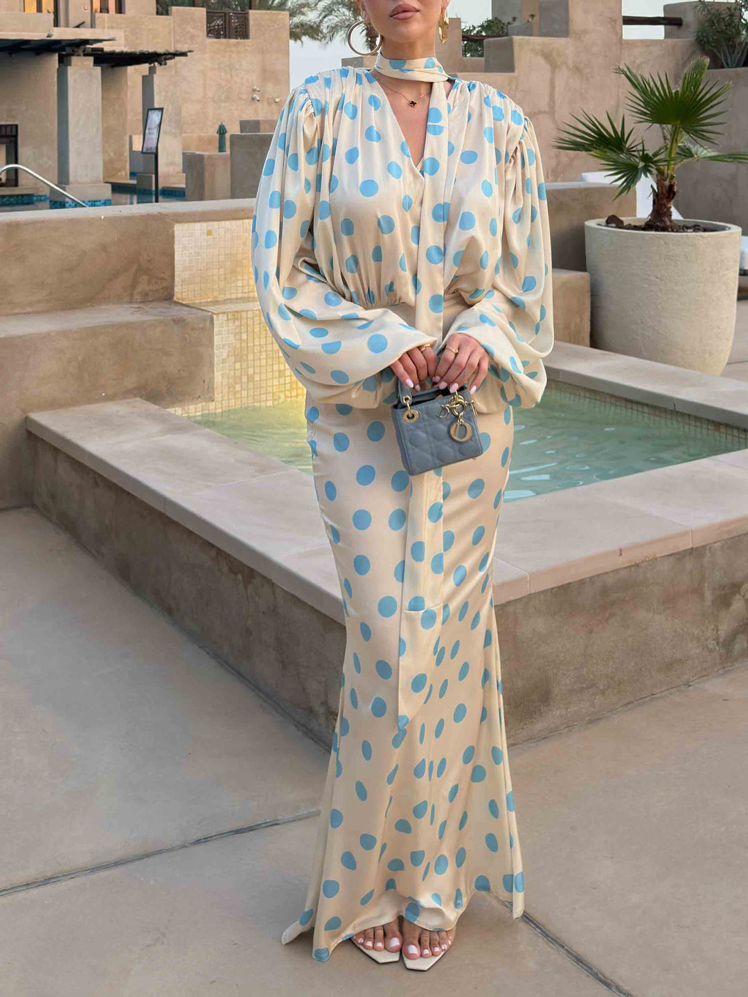 Elegant Polka Dot Blouse & Maxi Skirt Two-Piece Set