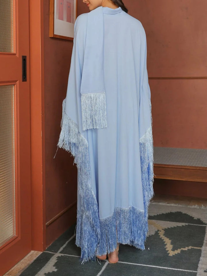 Elegant High-Neck Fringe Trim Asymmetrical Maxi Dress