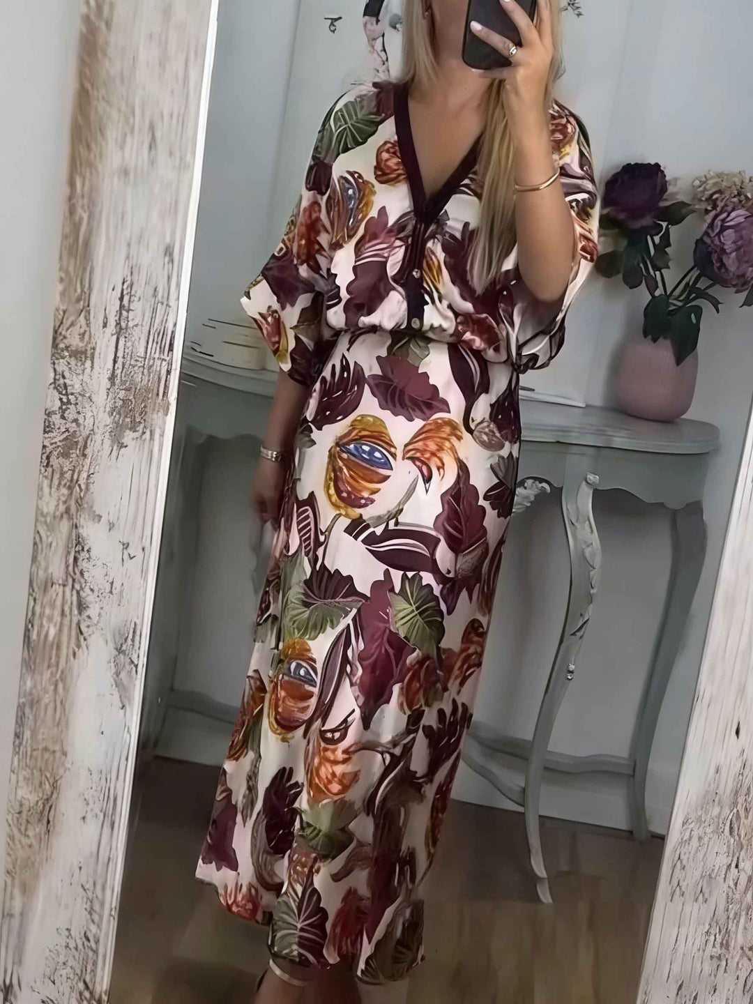 Retro Jungle Palm Leaf Satin Print Batwing Sleeve Shir
