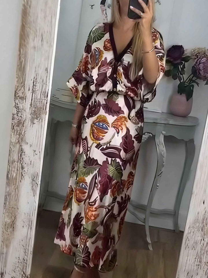 Retro Jungle Palm Leaf Satin Print Batwing Sleeve Shir
