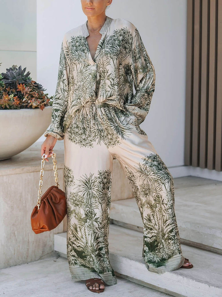 Casual Palm Leaf Print Loose Shirt And Wide-Leg Pants Set