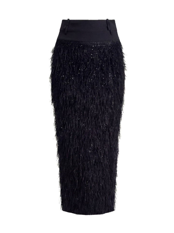 Elegant Satin Top & Sequin Feather Midi Skirt Two-Piece Set